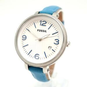 Fossil Heather Silver Tone Womens 42mm Watch Blue Leather ES3279 w New Battery